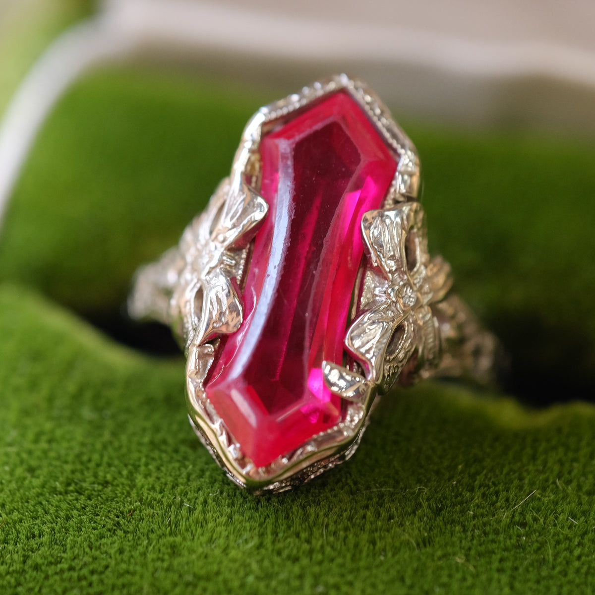 14K White Gold Octagonal Ruby Art Deco Ring