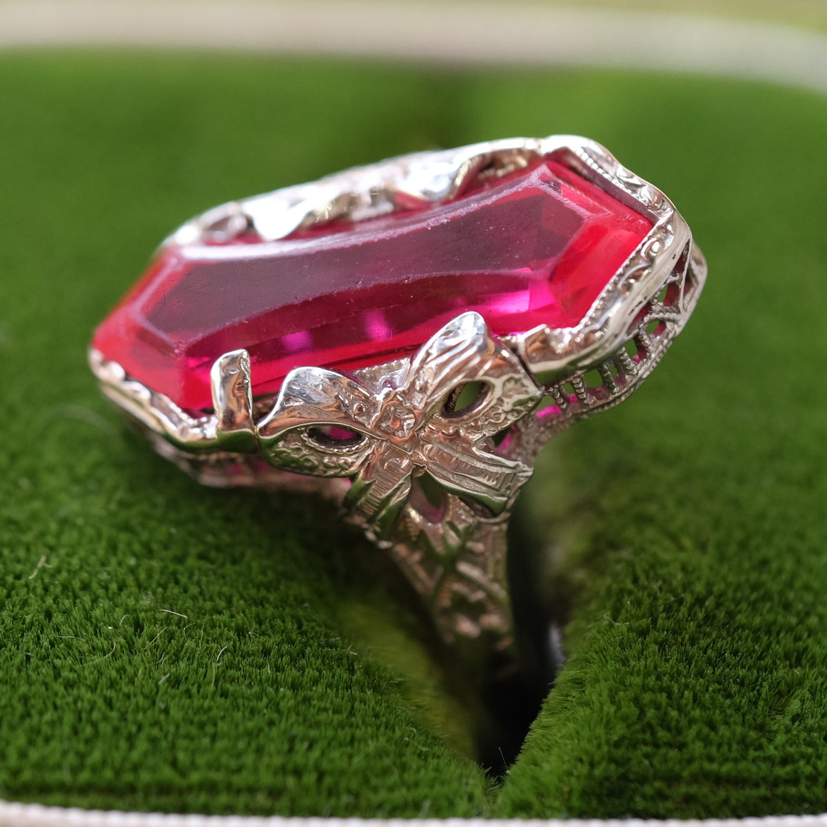 14K White Gold Octagonal Ruby Art Deco Ring