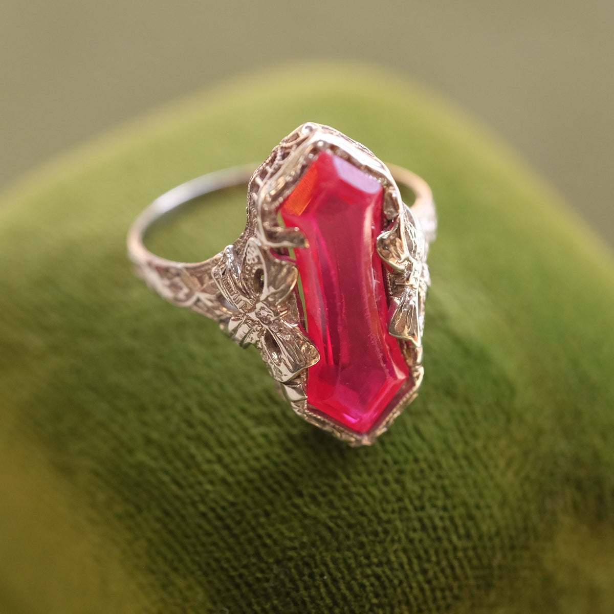 14K White Gold Octagonal Ruby Art Deco Ring