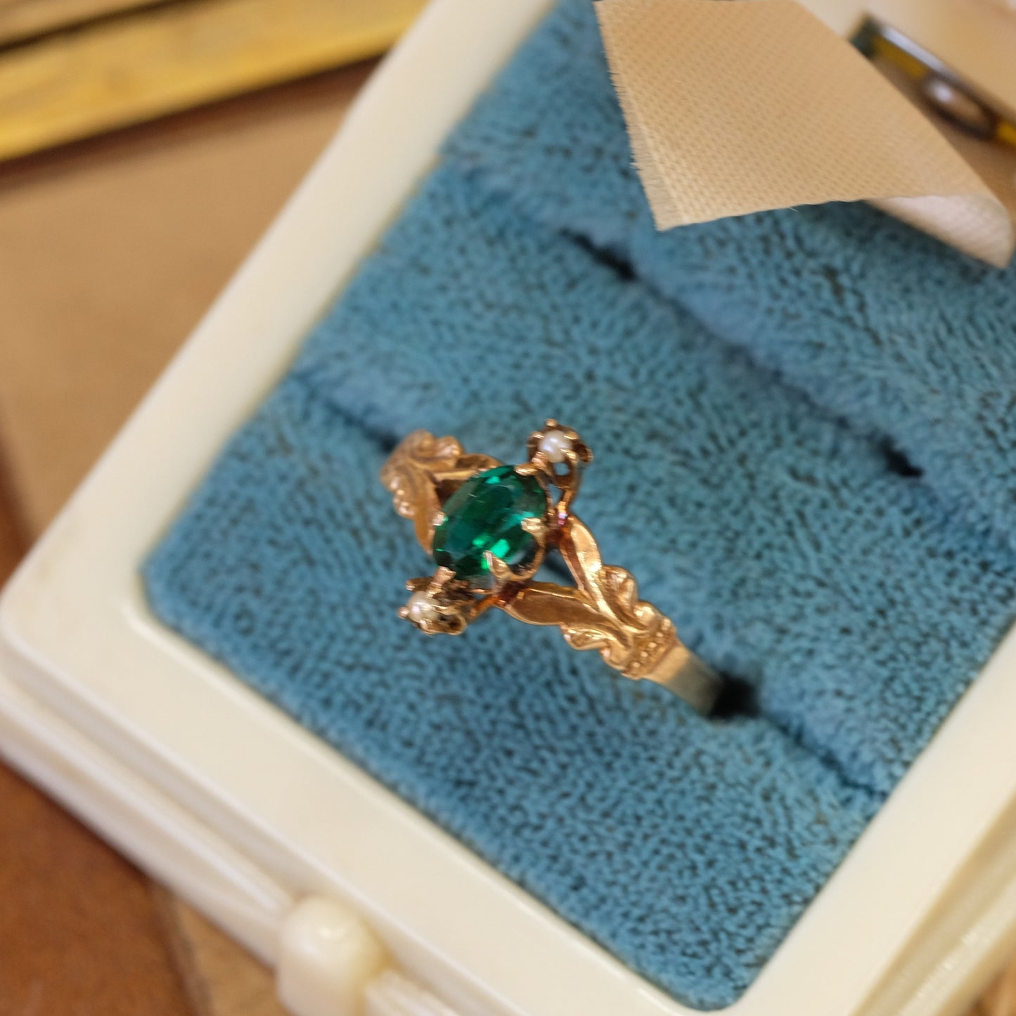 14K Gold Green Paste with seed pearls Ring