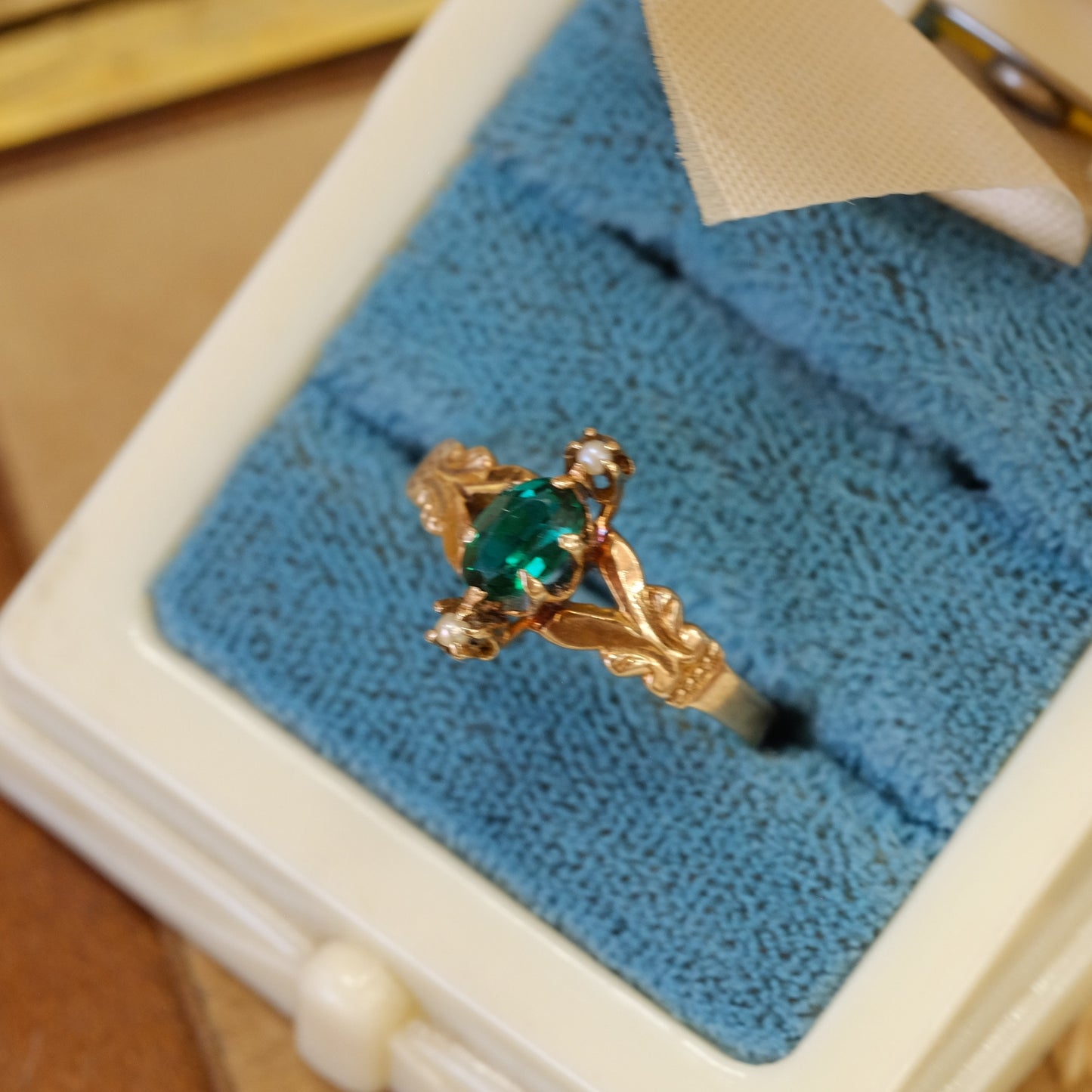 14K Gold Green Paste with seed pearls Ring