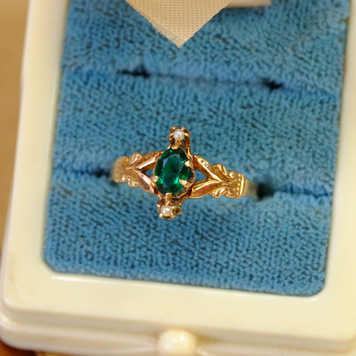 14K Gold Green Paste with seed pearls Ring