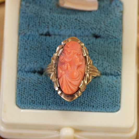 10K Gold with Coral Cameo Ring