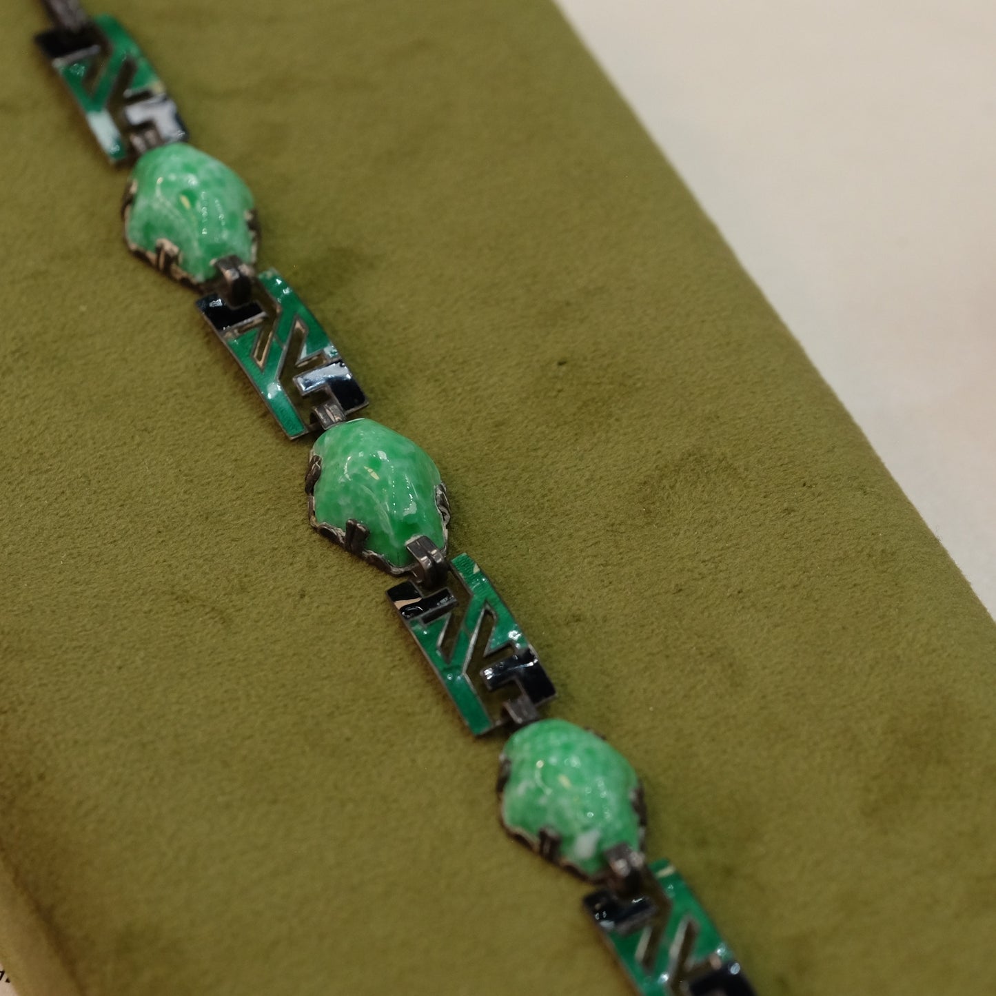 Art Deco Sterling and enamel link green bracelet
