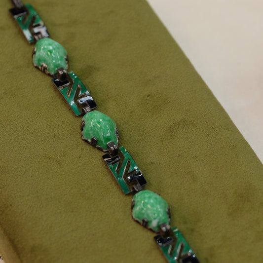 Art Deco Sterling and enamel link green bracelet