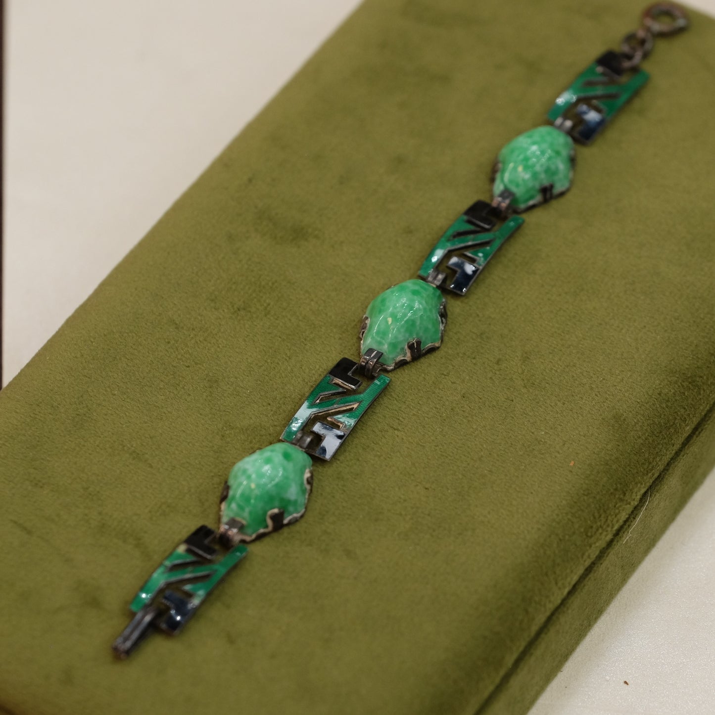 Art Deco Sterling and enamel link green bracelet
