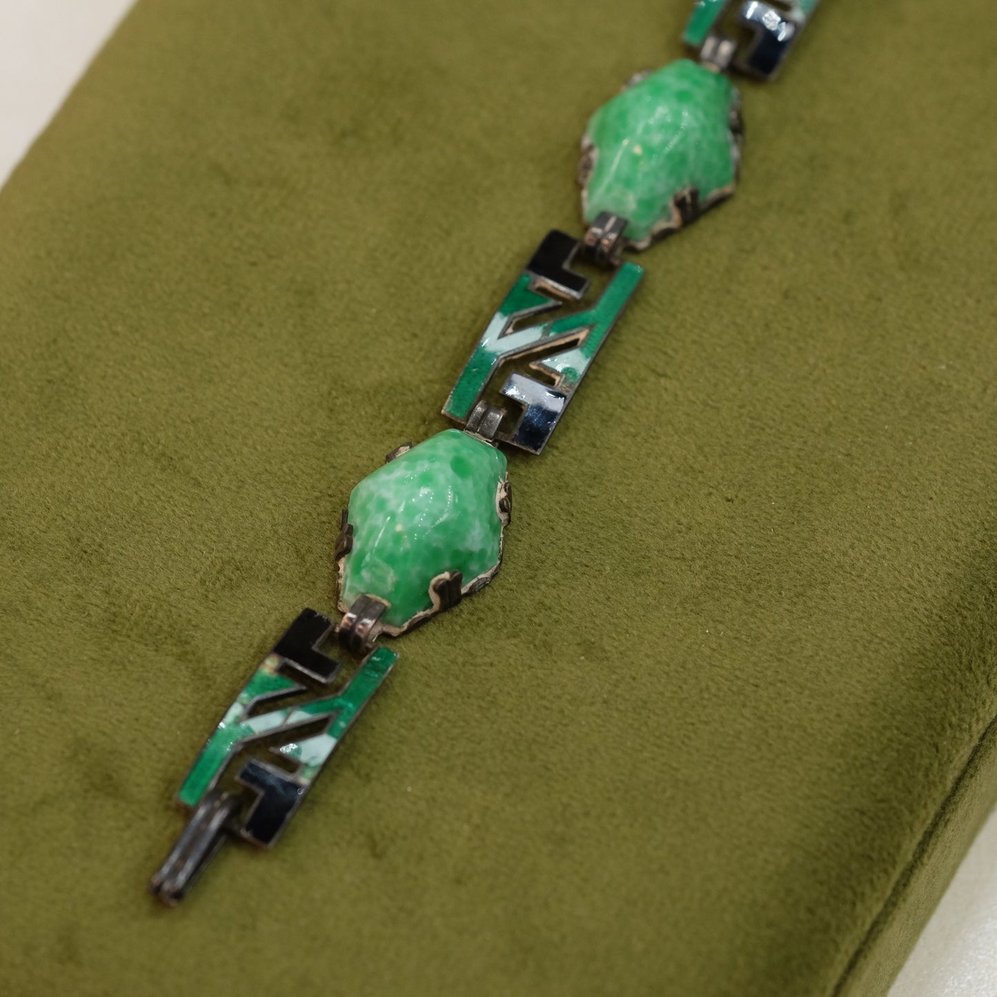 Art Deco Sterling and enamel link green bracelet