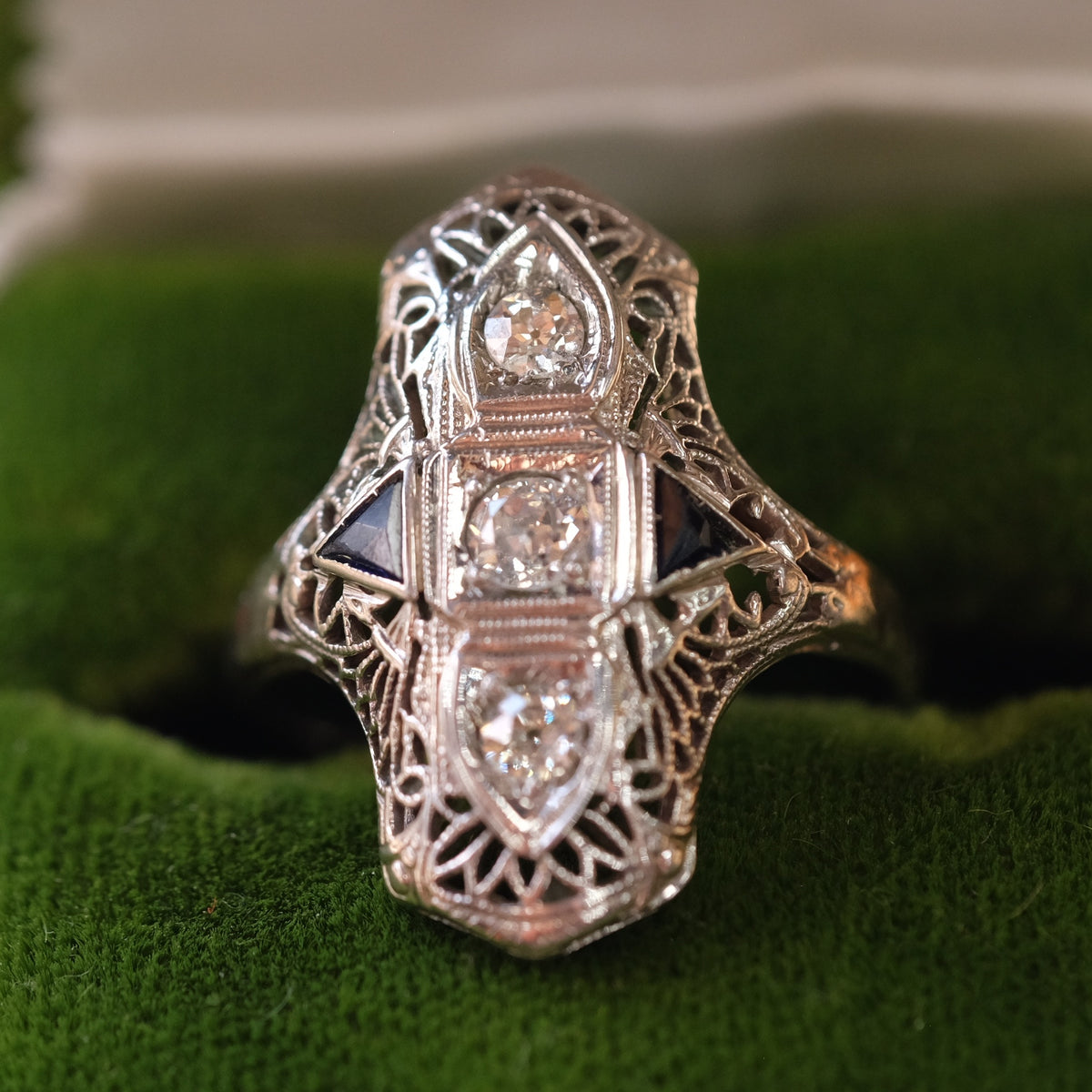 18K White Gold Three Diamond Sapphire Ring