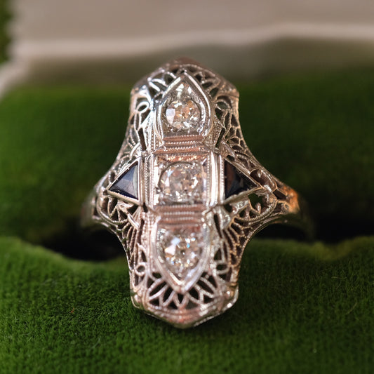 18K White Gold Three Diamond Sapphire Ring