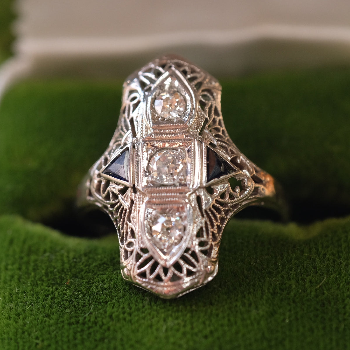 18K White Gold Three Diamond Sapphire Ring