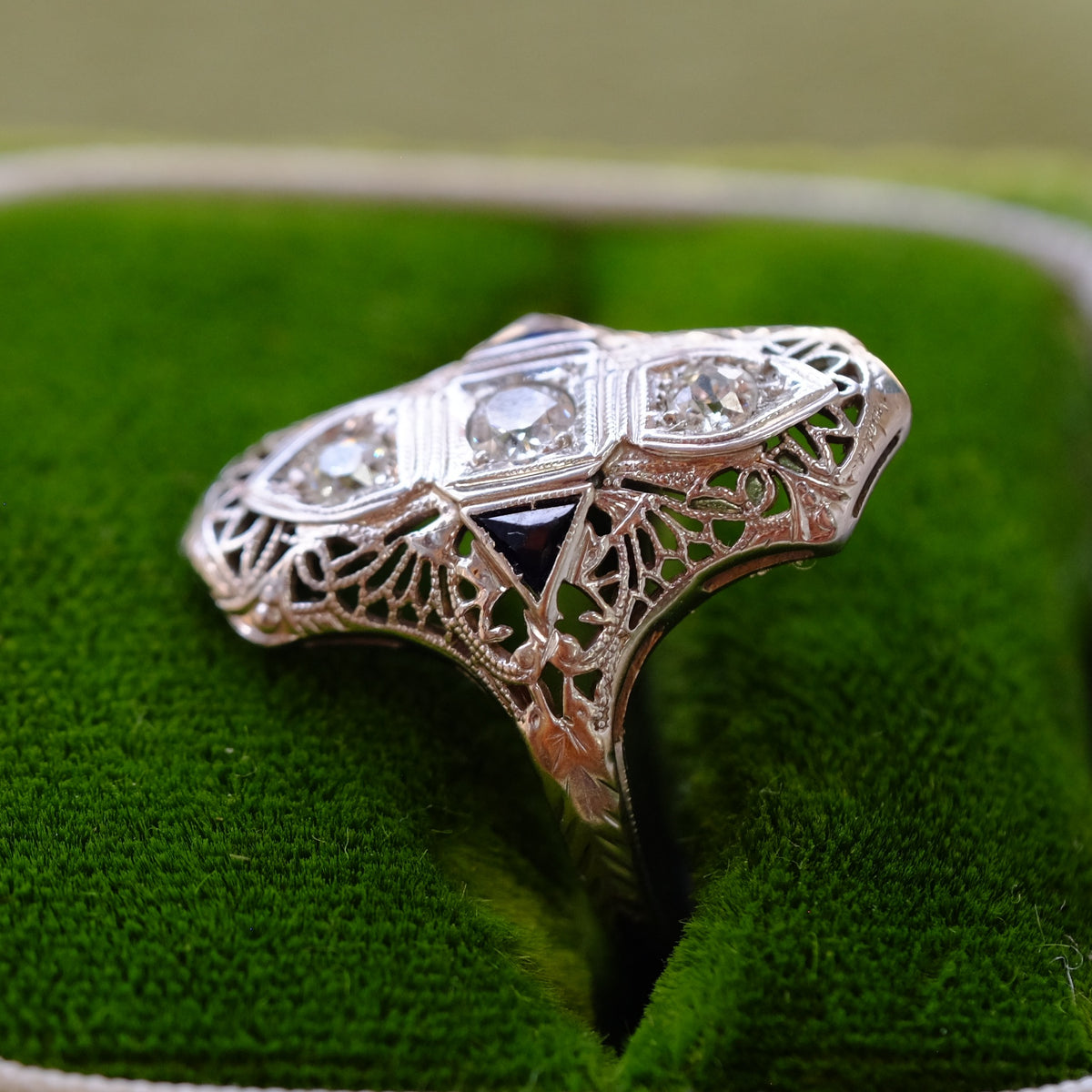 18K White Gold Three Diamond Sapphire Ring