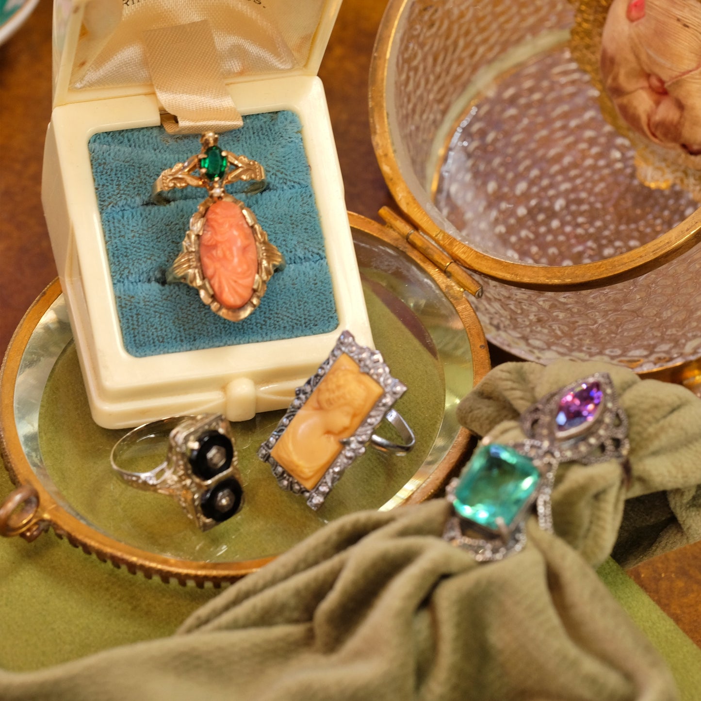 14K Gold Green Paste with seed pearls Ring