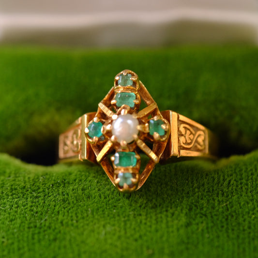 18K Gold Victorian Pearl Emerald Ring