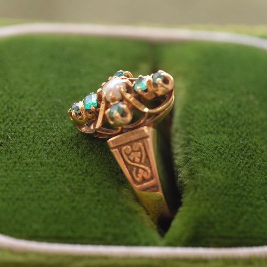 18K Gold Victorian Pearl Emerald Ring