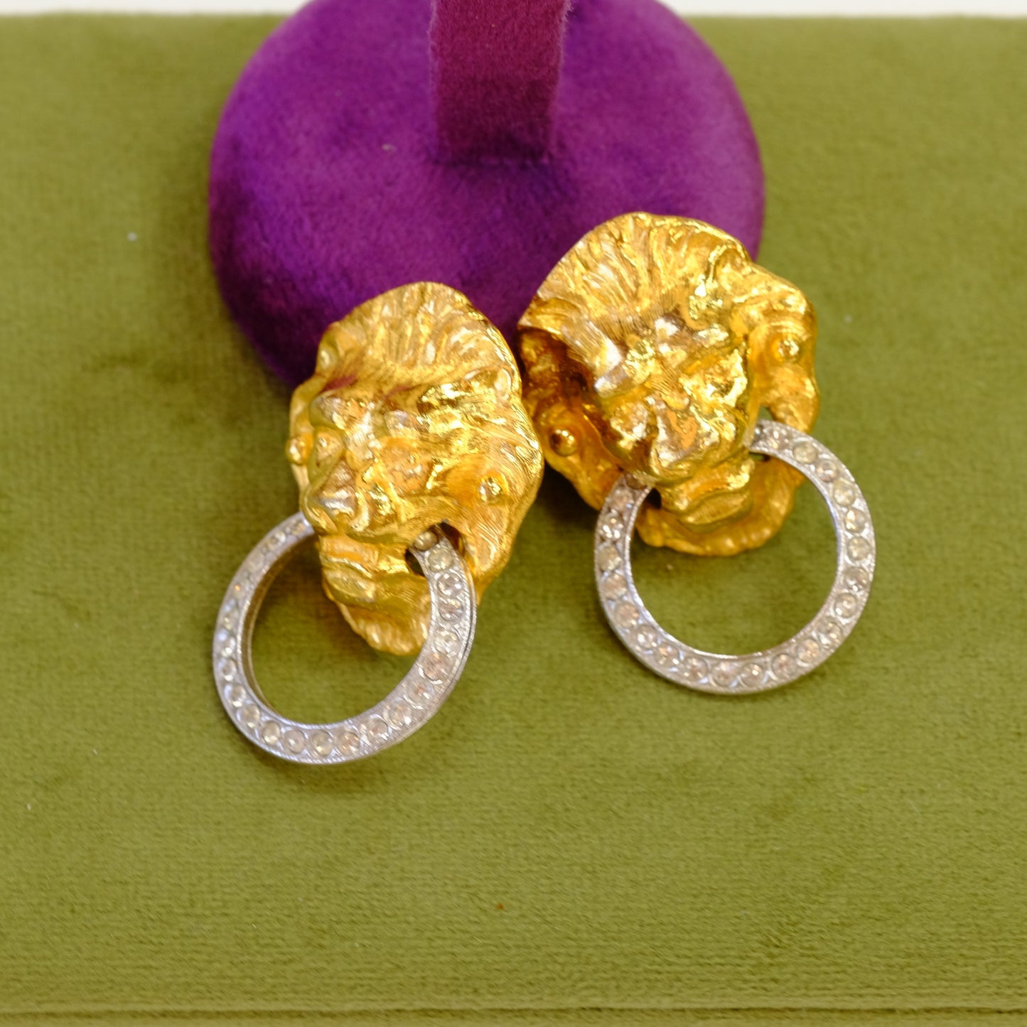 Kenneth Lane Lion with clear Rhinestones Clip on Earrings 1980s
