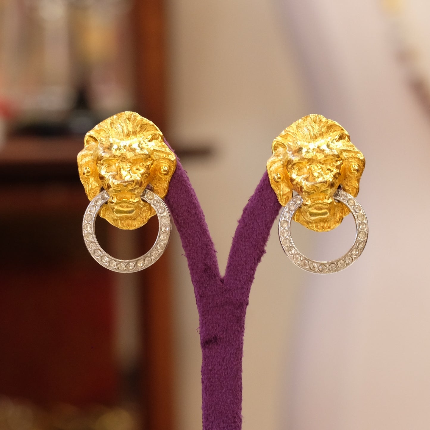 Kenneth Lane Lion with clear Rhinestones Clip on Earrings 1980s