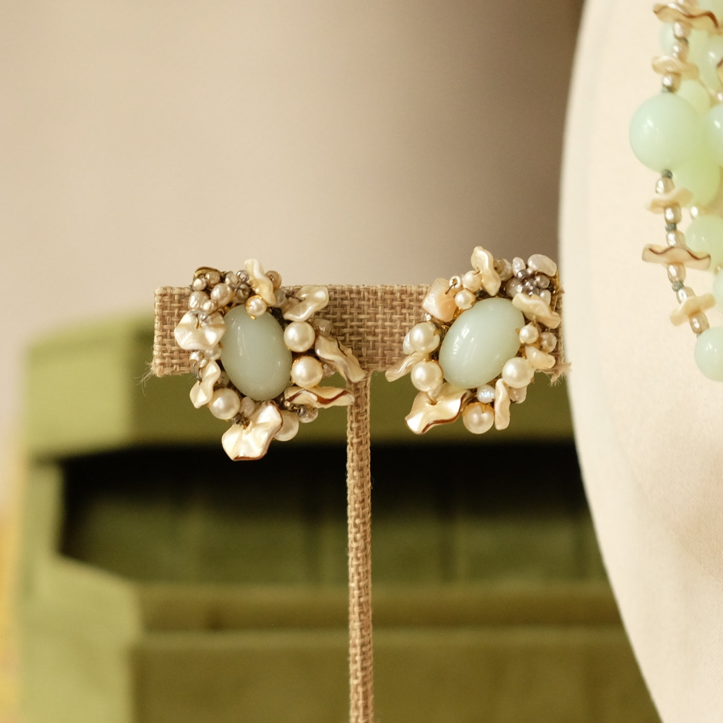 Miriam Haskell Necklace and Earrings Collectible Soft Lime Glass Set 1950s