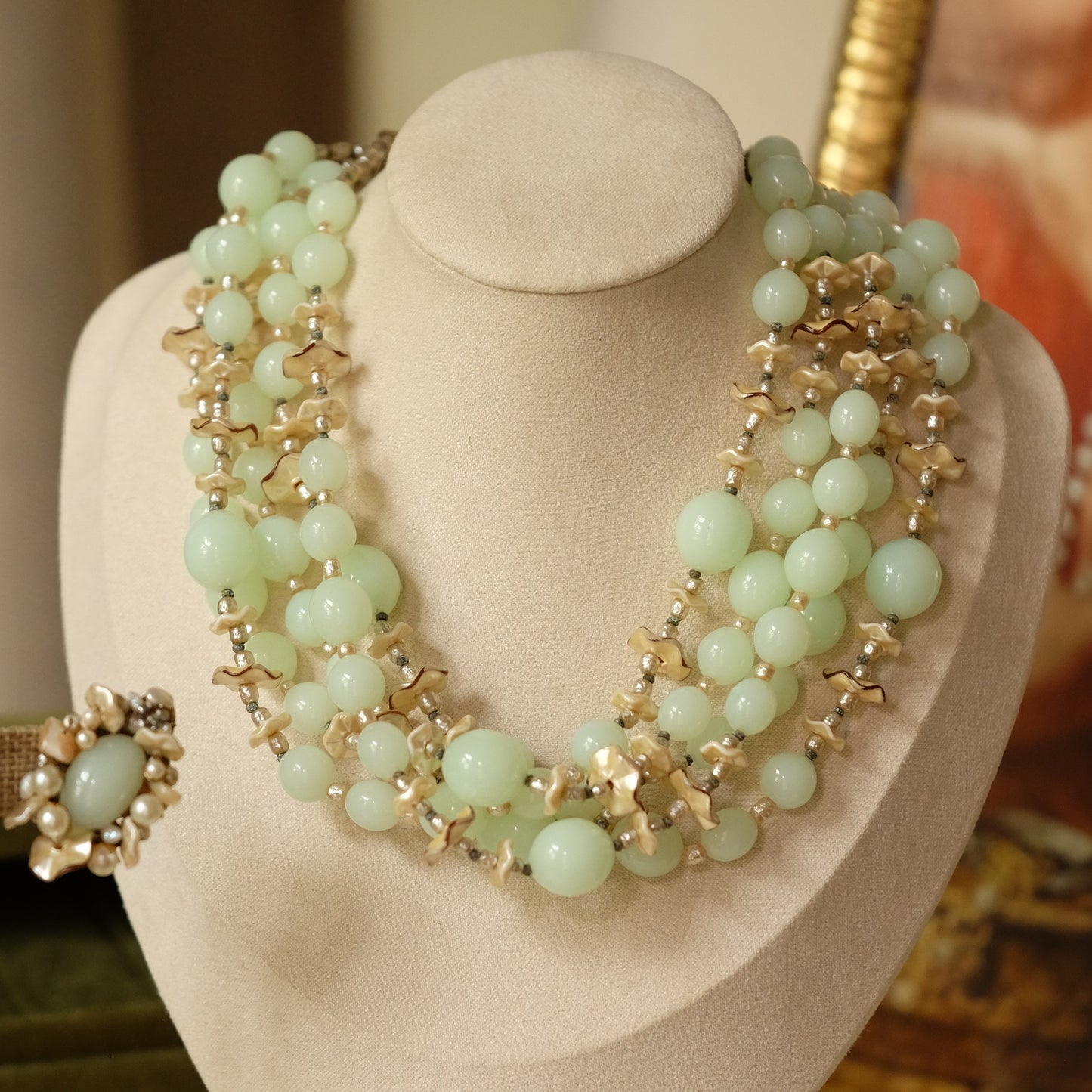 Miriam Haskell Necklace and Earrings Collectible Soft Lime Glass Set 1950s