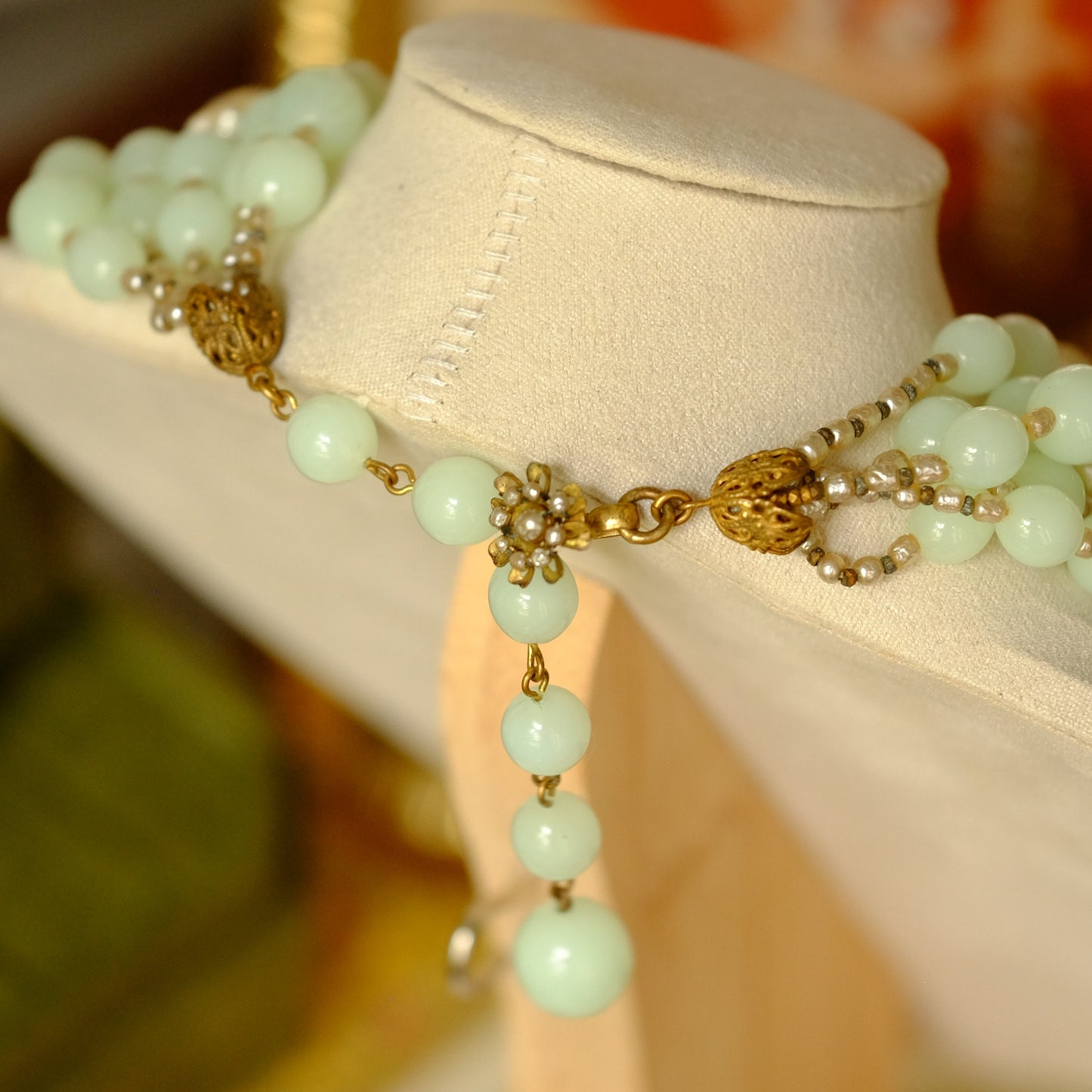 Miriam Haskell Necklace and Earrings Collectible Soft Lime Glass Set 1950s