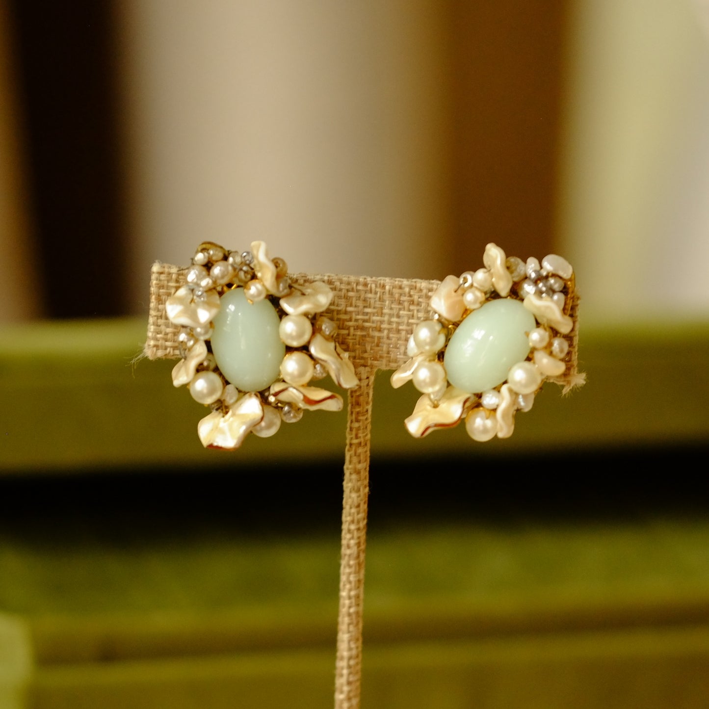 Miriam Haskell Necklace and Earrings Collectible Soft Lime Glass Set 1950s