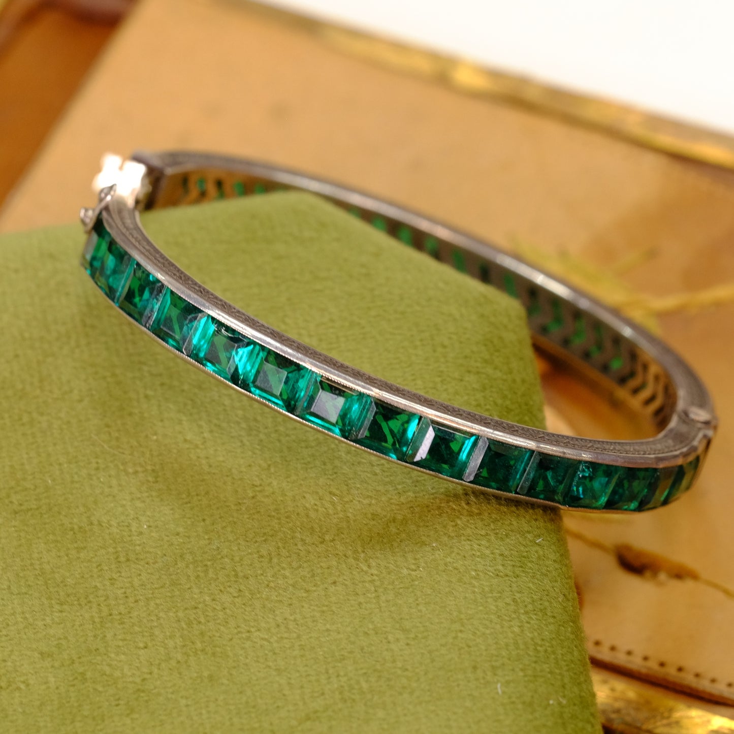Art Deco Sterling Silver Green Paste Bracelet