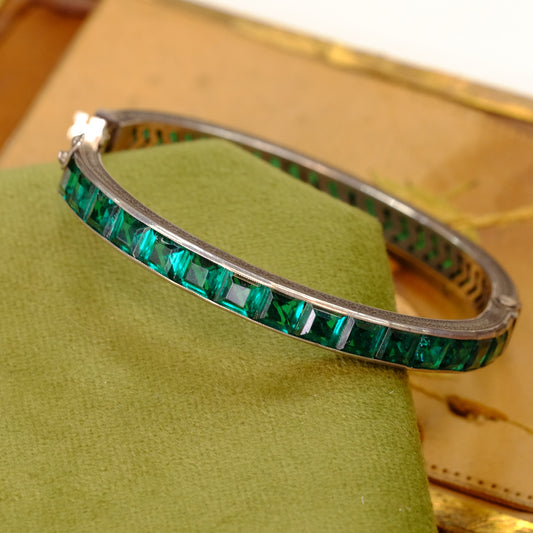 Art Deco Sterling Silver Green Paste Bracelet