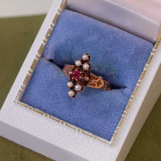 14K Victorian Garnet Seed Pearl Ring