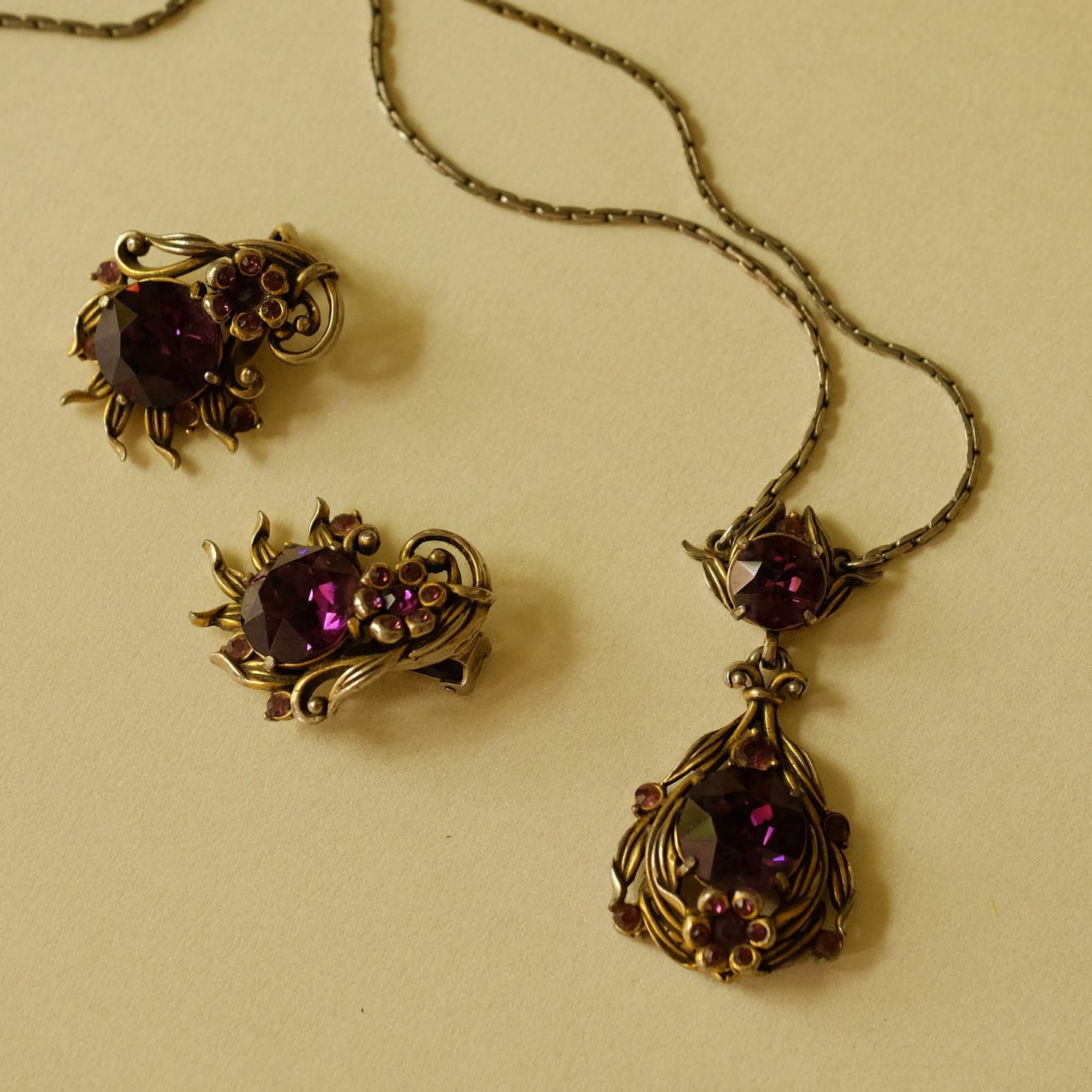 Vintage Hollycraft Purple Necklace and Earrings 1950s