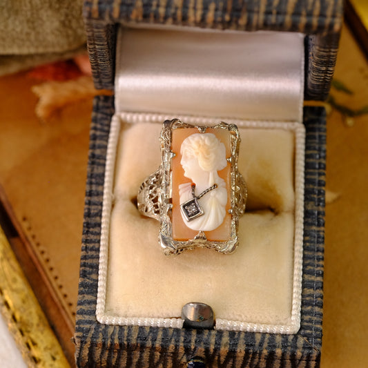 14K Gold Filigree Cameo with diamond Ring