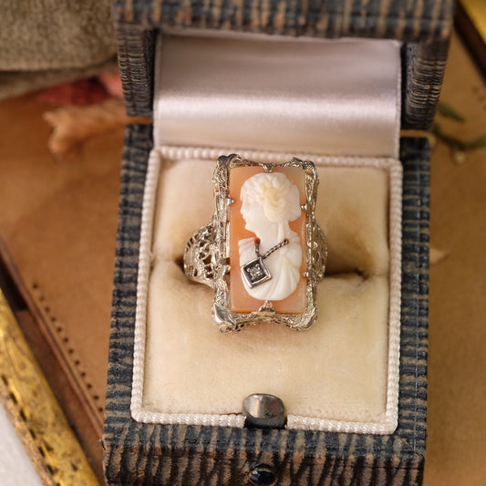 14K Gold Filigree Cameo with diamond Ring