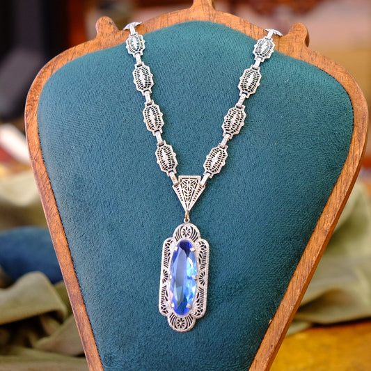 Art Deco Faux Sapphire Filigree Necklace