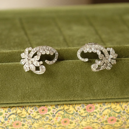 Vintage Trifari Flowers Clear Rhinestones Earrings 1950s