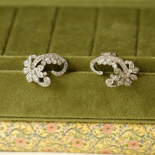 Vintage Trifari Flowers Clear Rhinestones Earrings 1950s