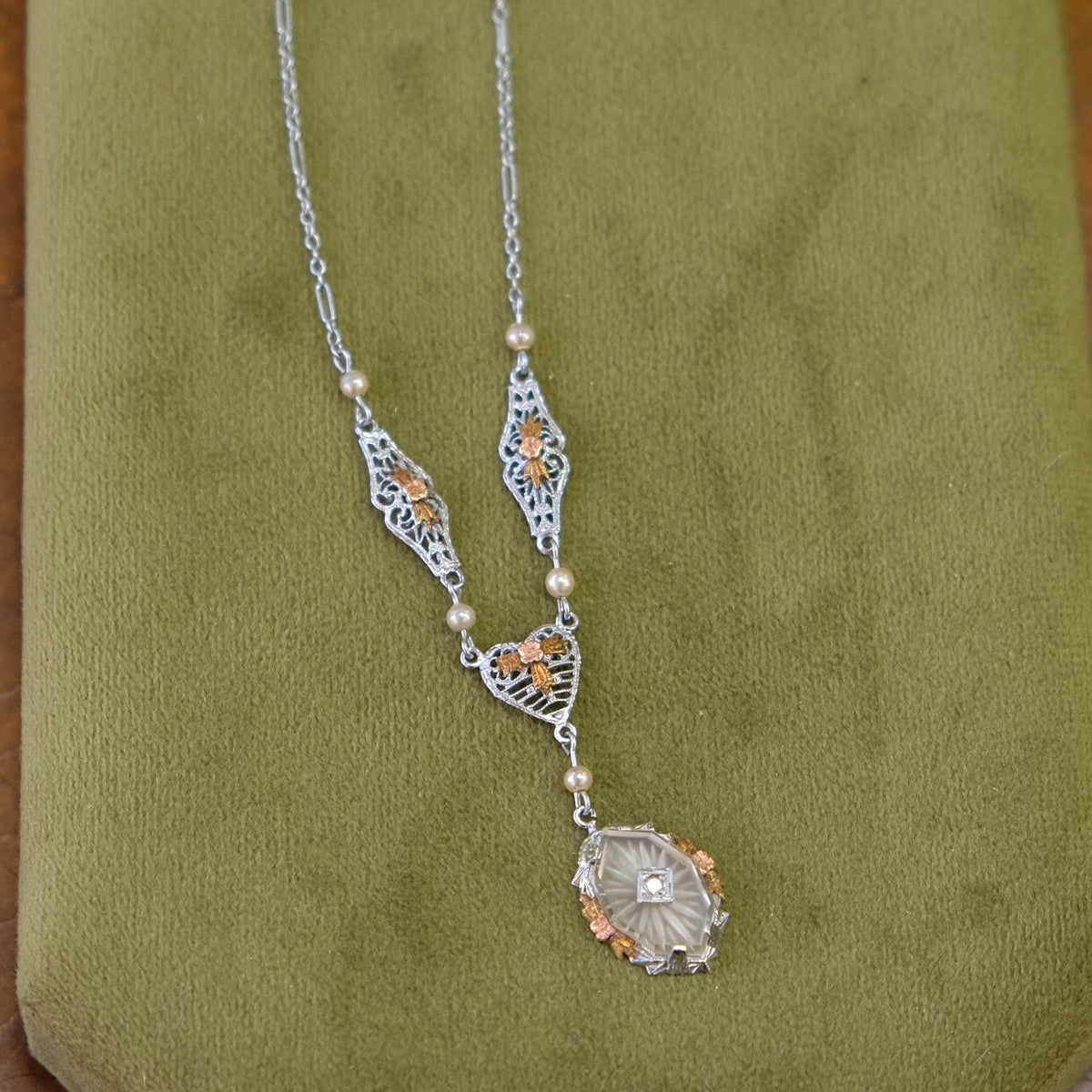 Natural Diamond Camphor Glass Art Deco Necklace