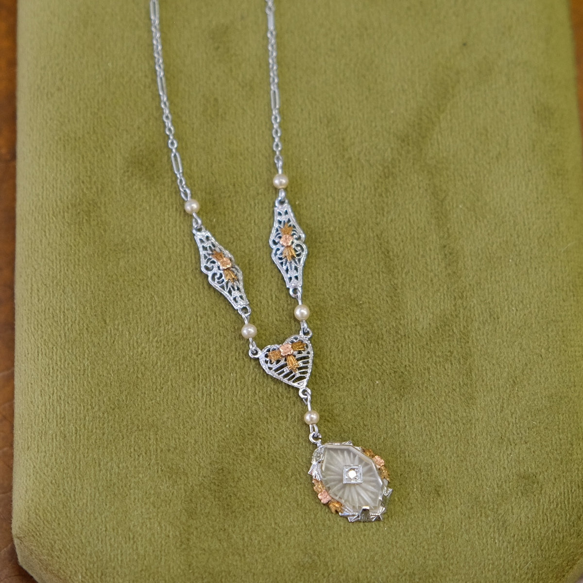 Natural Diamond Camphor Glass Art Deco Necklace