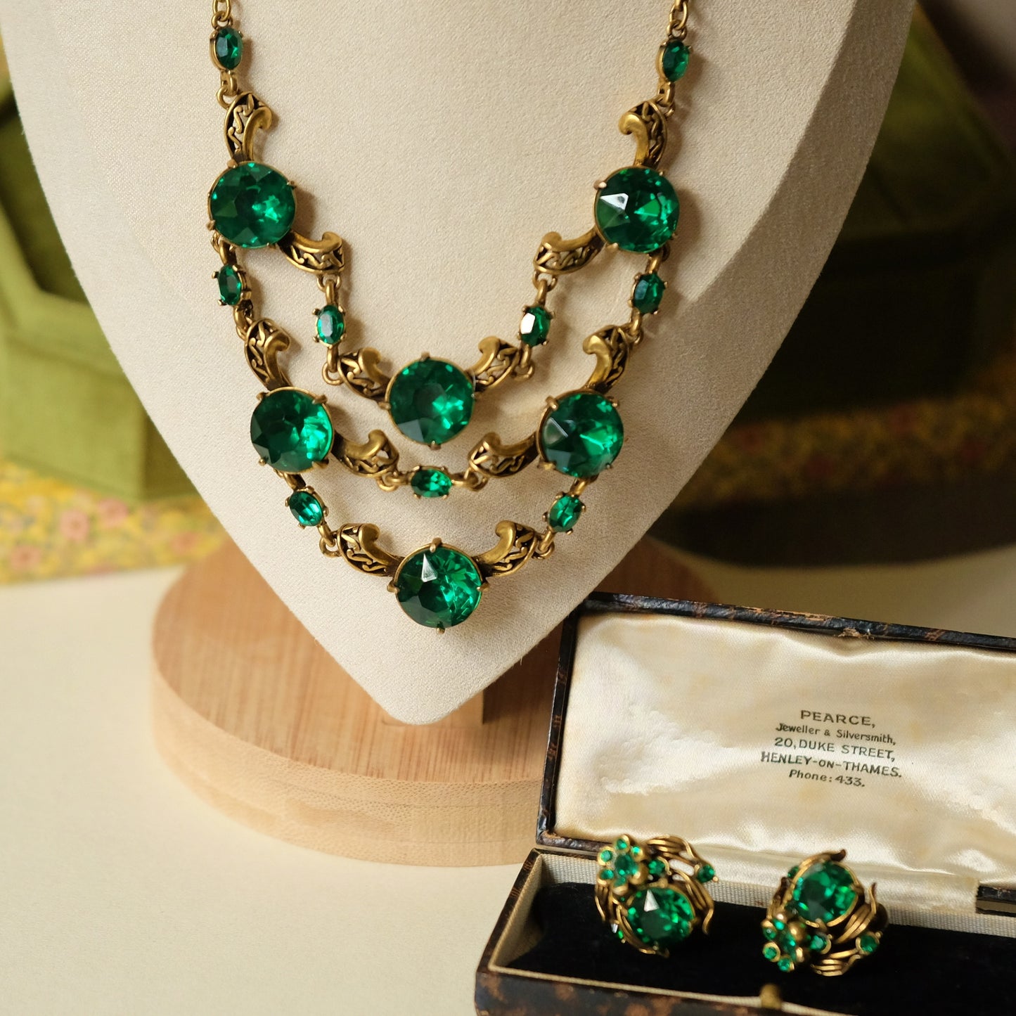 Vintage Hollycraft Faux Emerald Necklace and Earrings Set 1950s