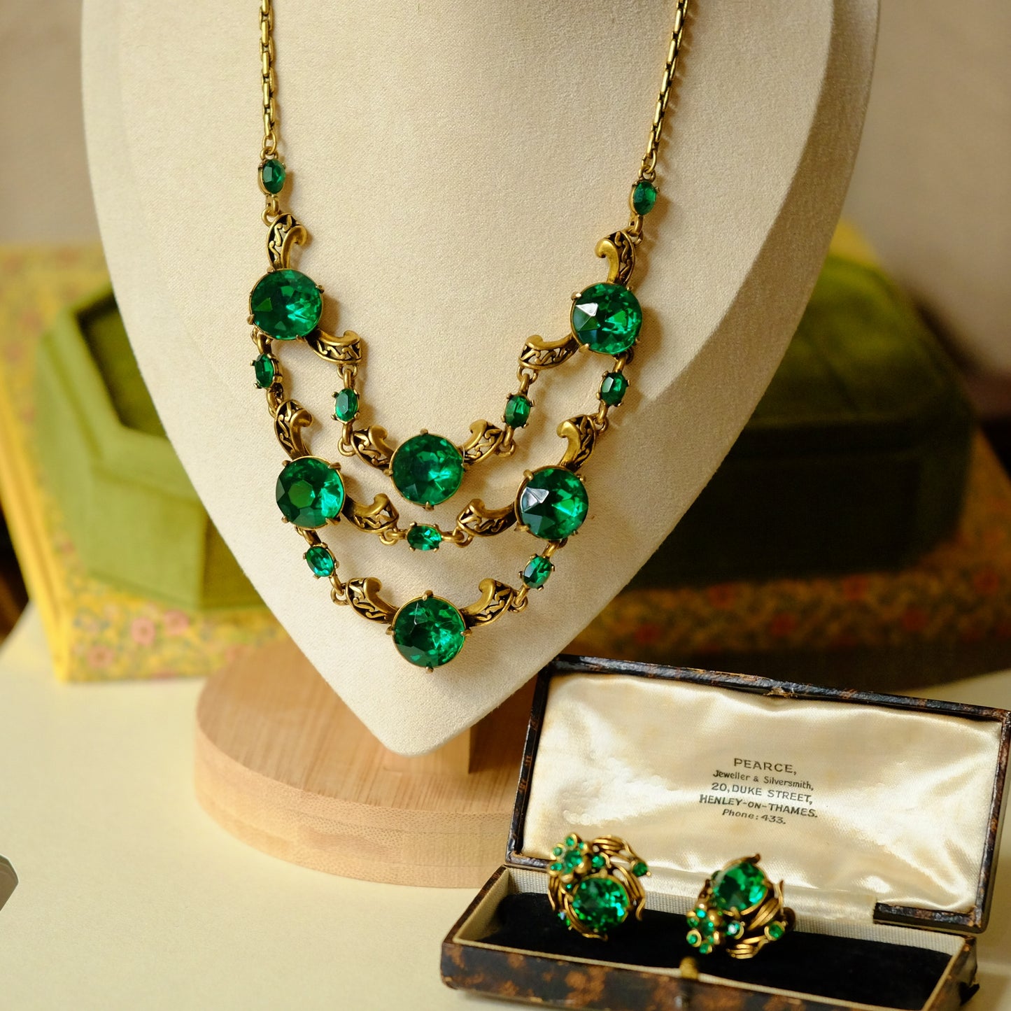 Vintage Hollycraft Faux Emerald Necklace and Earrings Set 1950s