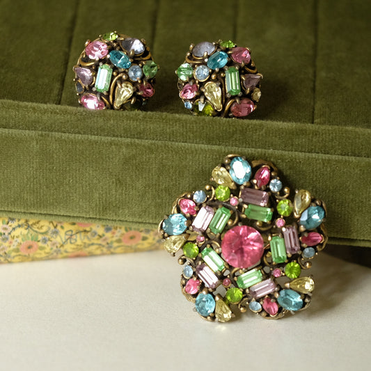 Vintage Hollycraft Multicolor Set Brooch and Earrings 1950s