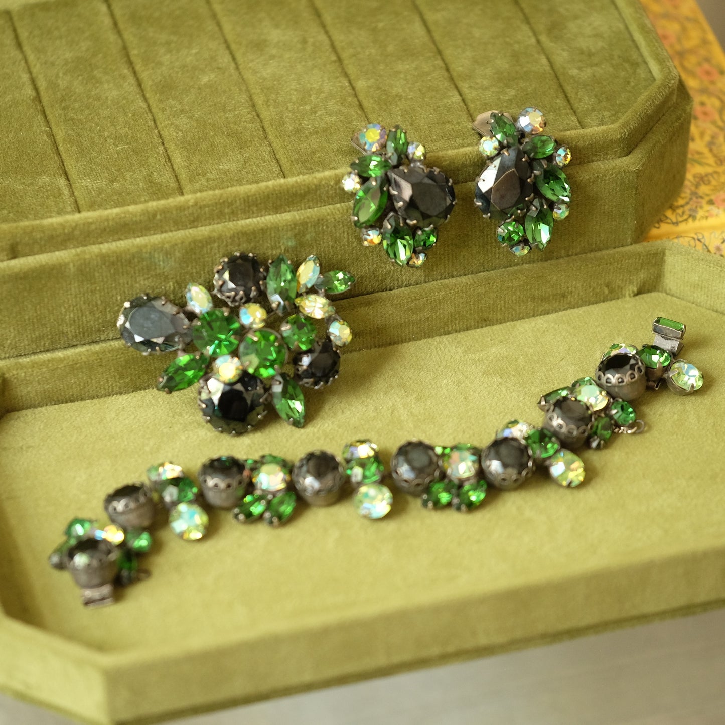 Regency Black and Green Brooch, Bracelet and Earrings 1950s