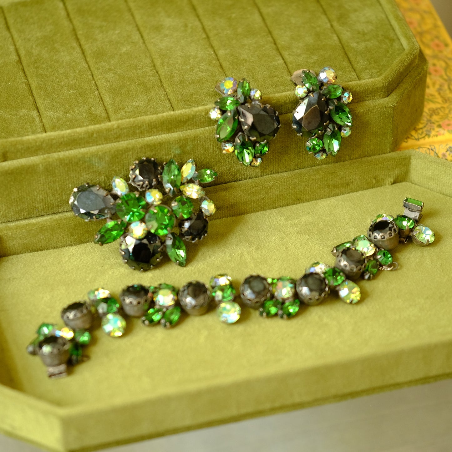 Regency Black and Green Brooch, Bracelet and Earrings 1950s