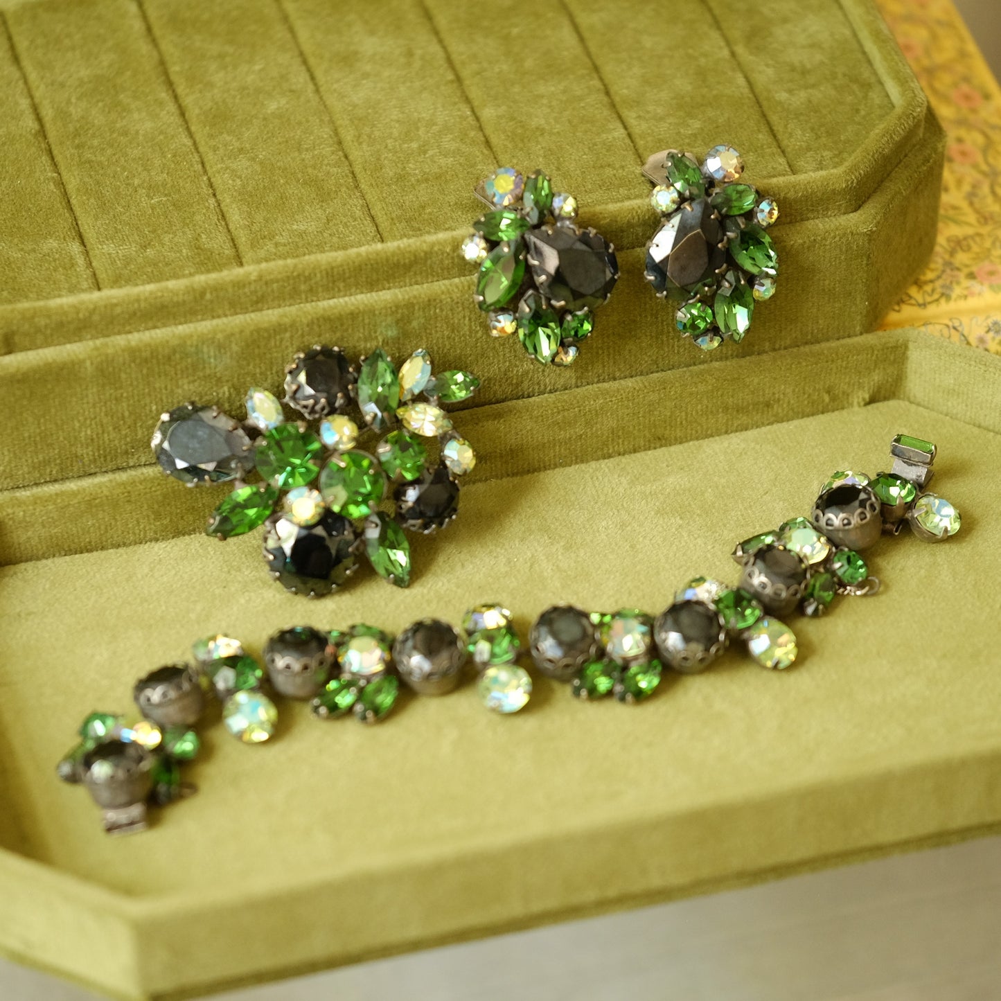 Regency Black and Green Brooch, Bracelet and Earrings 1950s
