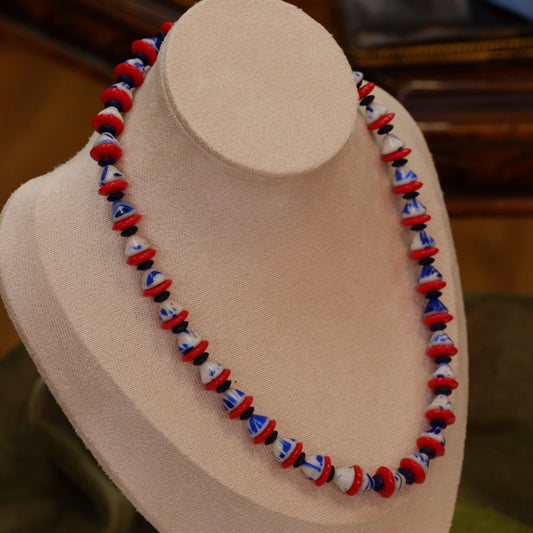 Vintage triangular glass bead red, blue, white