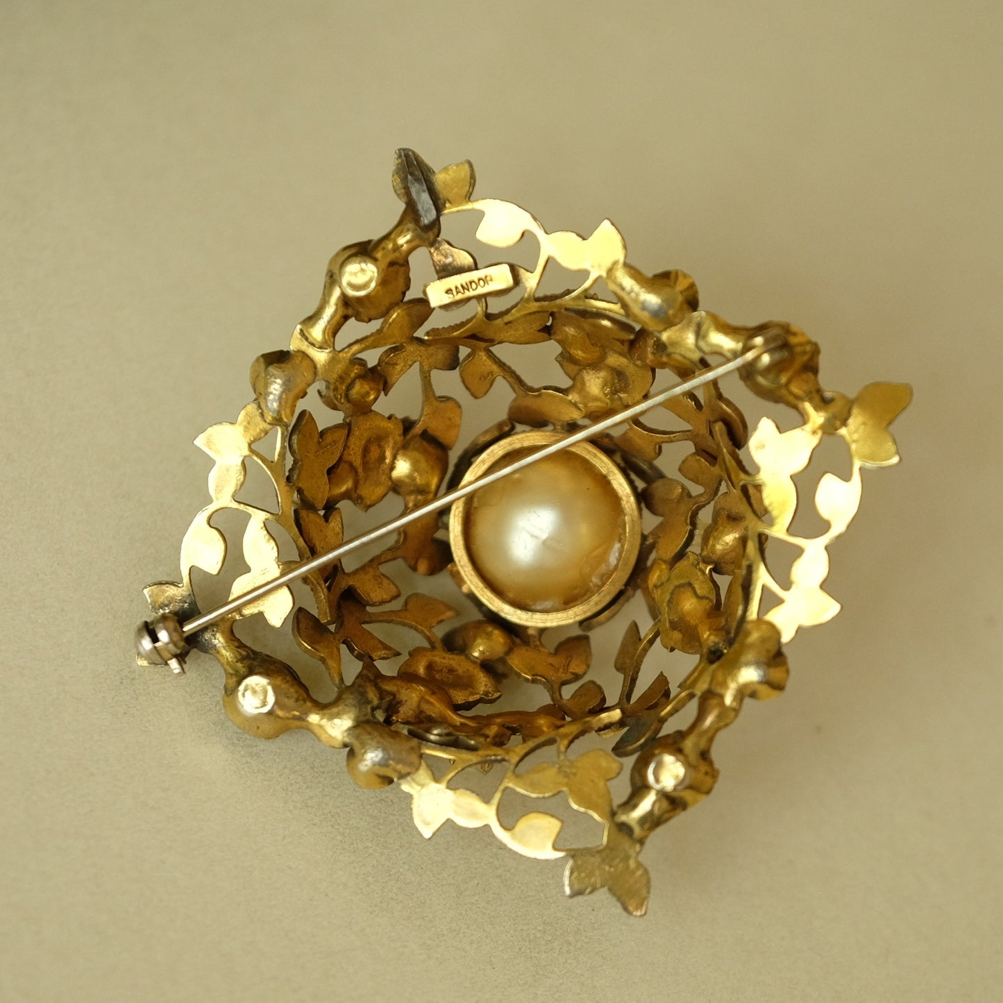 Vintage Sandor Ornate Faux Pearl Brooch 1940s