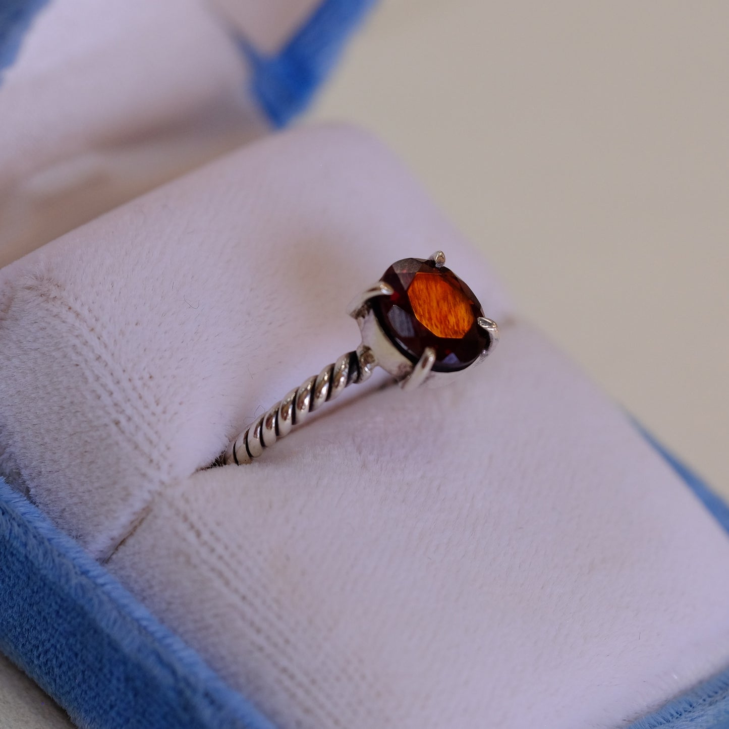 Silver Garnet Ring on Spiral Band