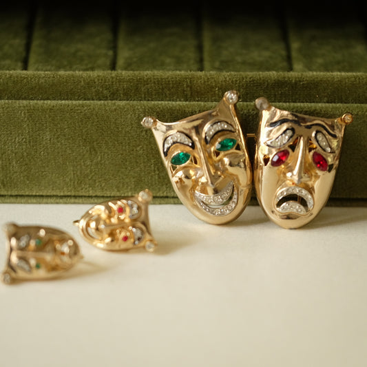 Coro Sterling Duette "Tragedy and Comedy" Brooch and Earrings Set 1946