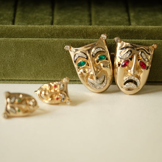 Coro Sterling Duette "Tragedy and Comedy" Brooch and Earrings Set 1946
