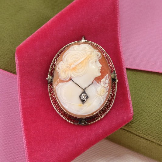 14K Gold Diamond Cameo Pendant Brooch 1910s