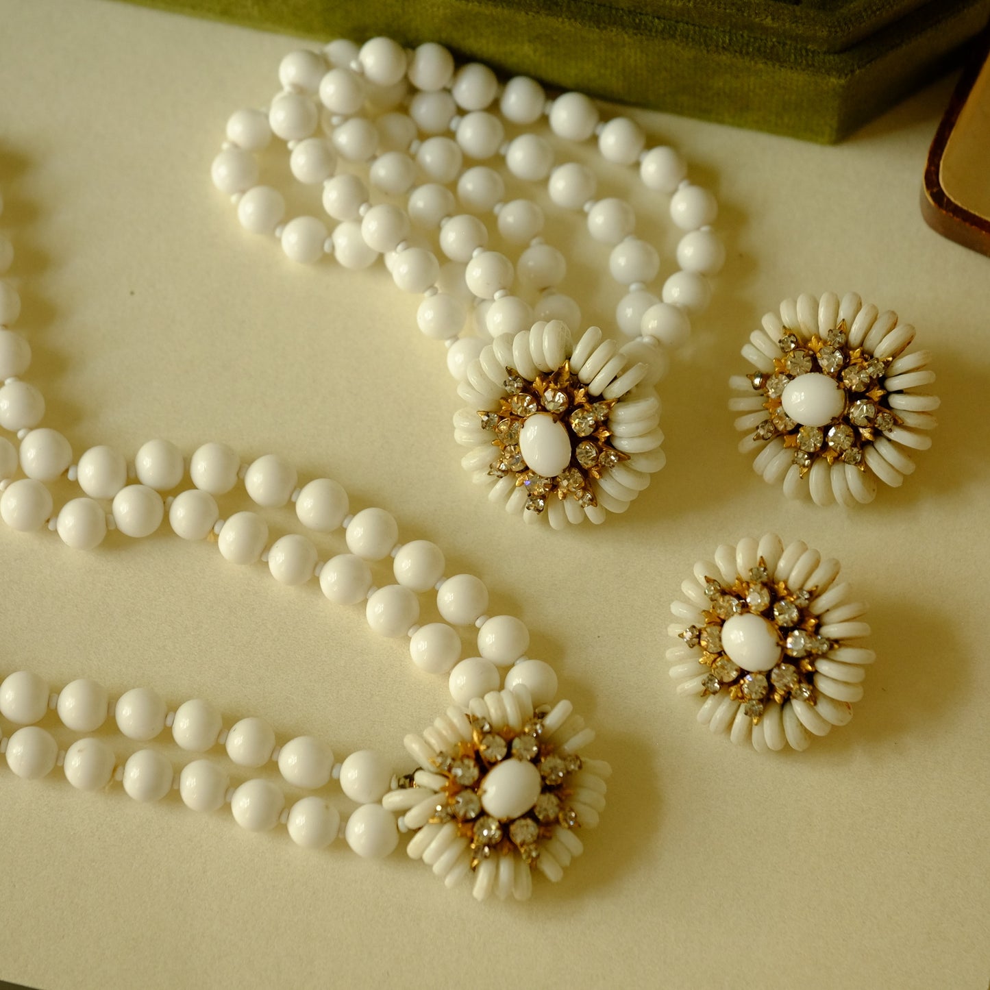 Vintage Miriam Haskell Milk Glass Necklace, Earrings and Bracelet Set 1950s