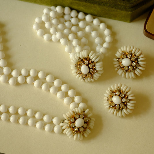 Vintage Miriam Haskell Milk Glass Necklace, Earrings and Bracelet Set 1950s