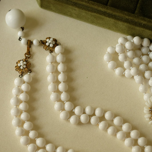 Vintage Miriam Haskell Milk Glass Necklace, Earrings and Bracelet Set 1950s